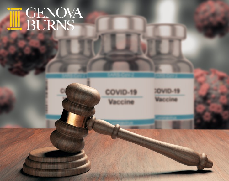 Gavel COVID-19 vaccines in background 